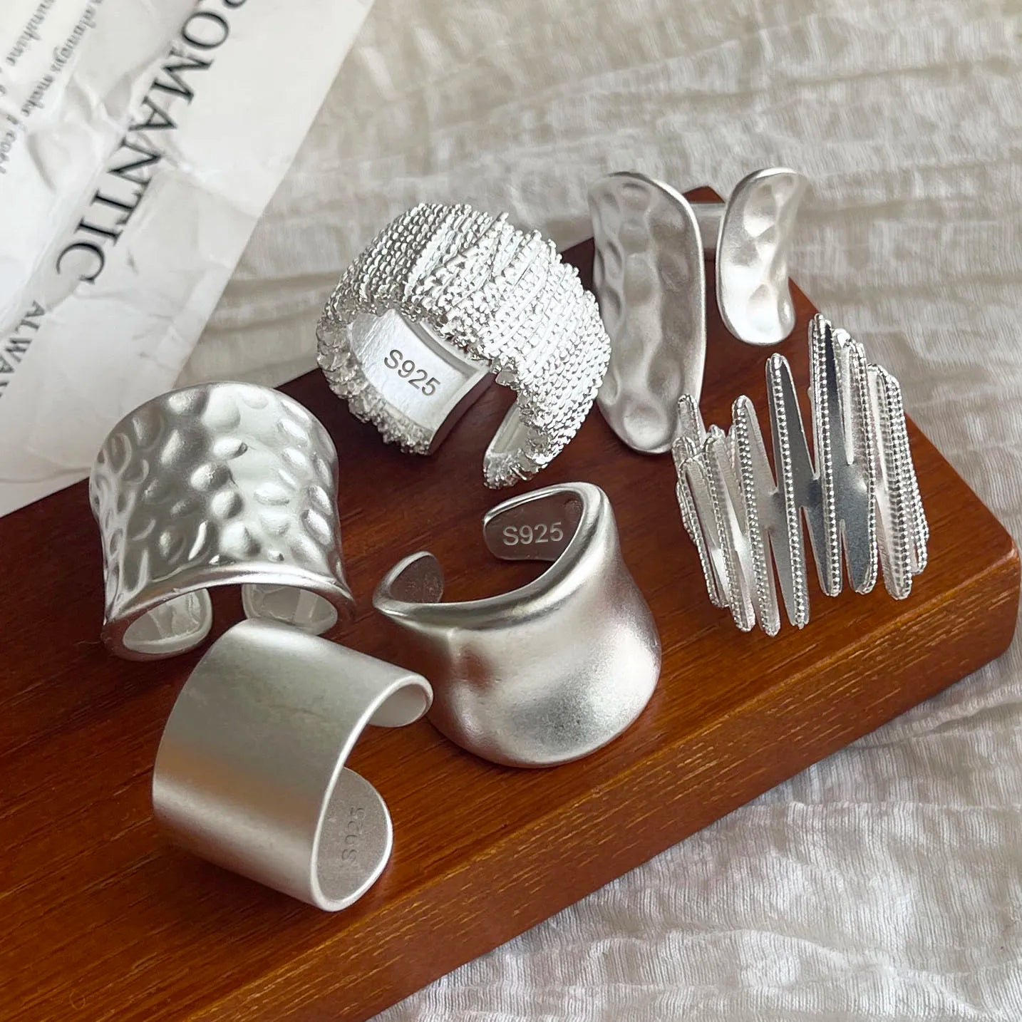 925 Sterling Silver Rings For Women Geometric Fine Jewelry Finger Adjustable Wide Sparkling Ring For Party Birthday Gift