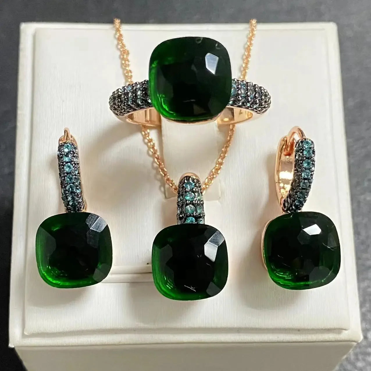 3Pcs Gun Black Plated Blue Zircon Jewelry Set for Women Includes Ring Earrings Necklace Elegant Crystal Blue Topaz Matching Gift