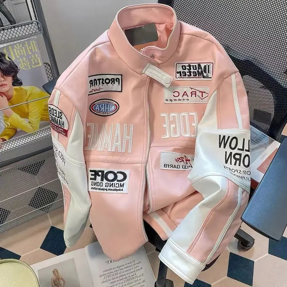 Motorcycle pu leather jacket coat baseball jacket pink american style women autumn and winter fried street high level clothes