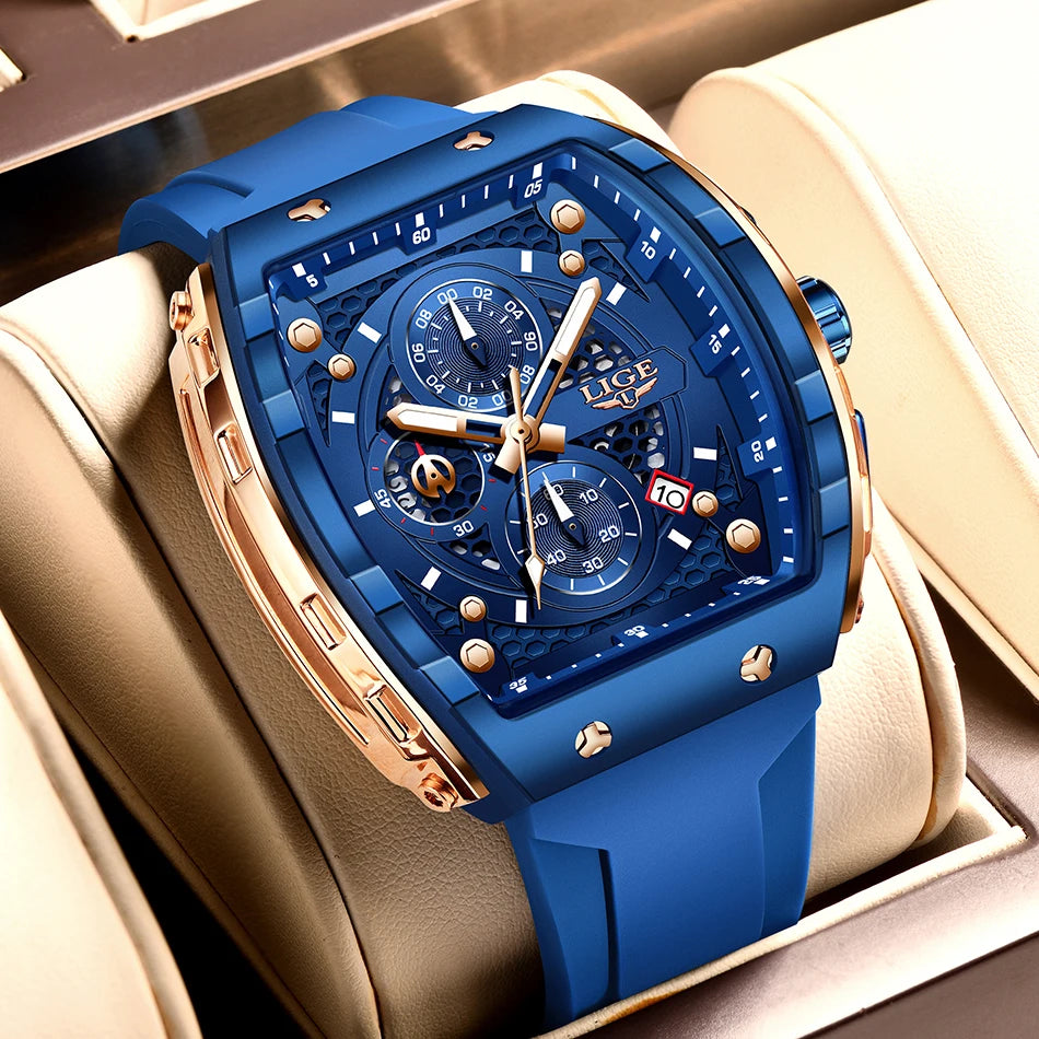 LIGE Waterproof Watches For Men Original Brand Luxury Silicone Square Men's Quartz Wristwatch Fashion Military Chronograph Male