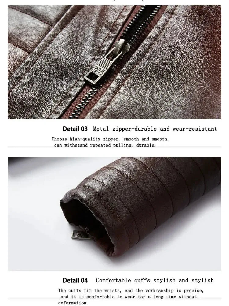 Fashion Warm Winter Mens PU Leather Jacket With Fur Collar Thicken Fleece Motorcycle Coat Casual Faux Leather Locomotive Jacket