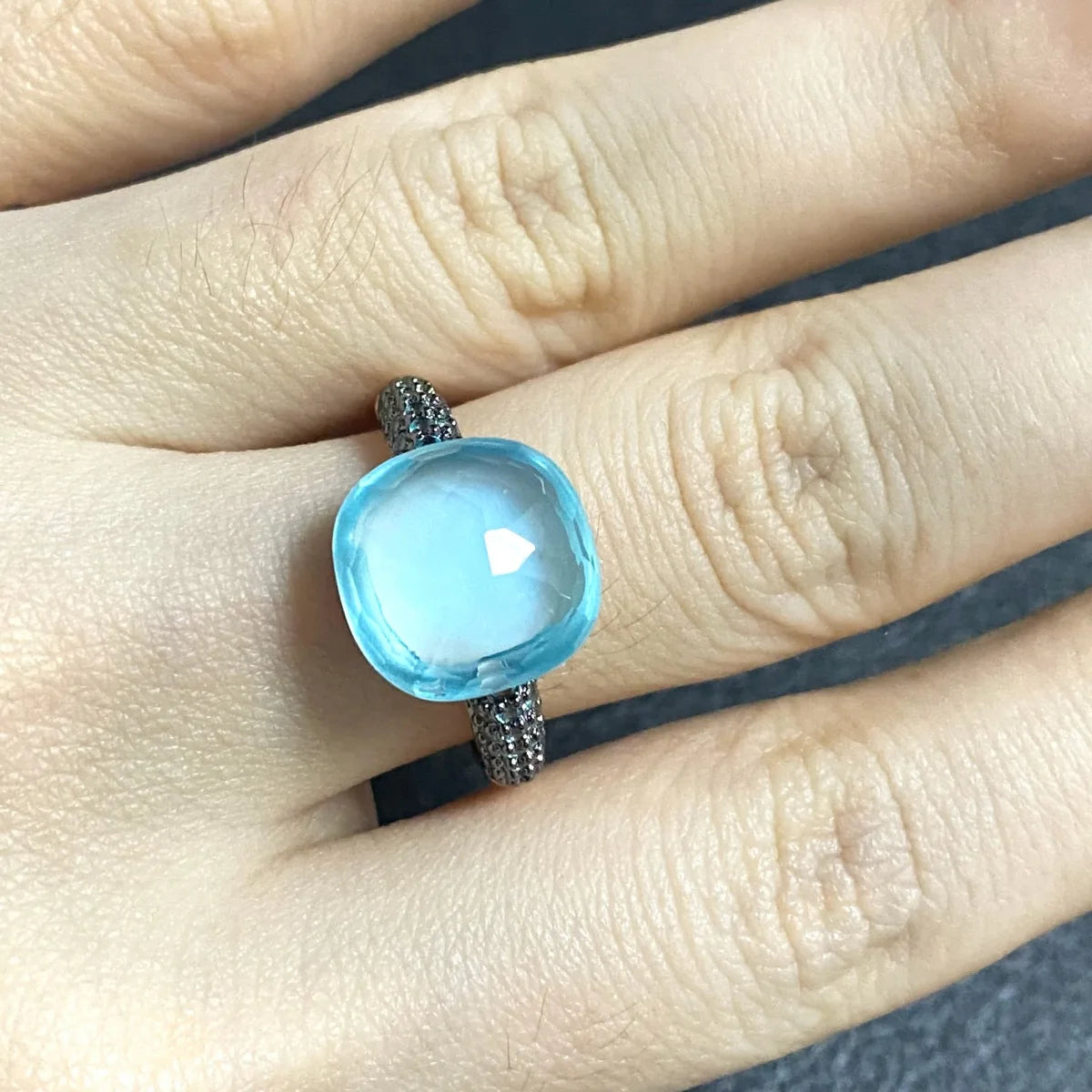 Blue Topaz Ring Inlay Black Zircon With Black Gun Plated 12.6mm Flat Crystal Ring For Women Party Fashion Jewelry Gift