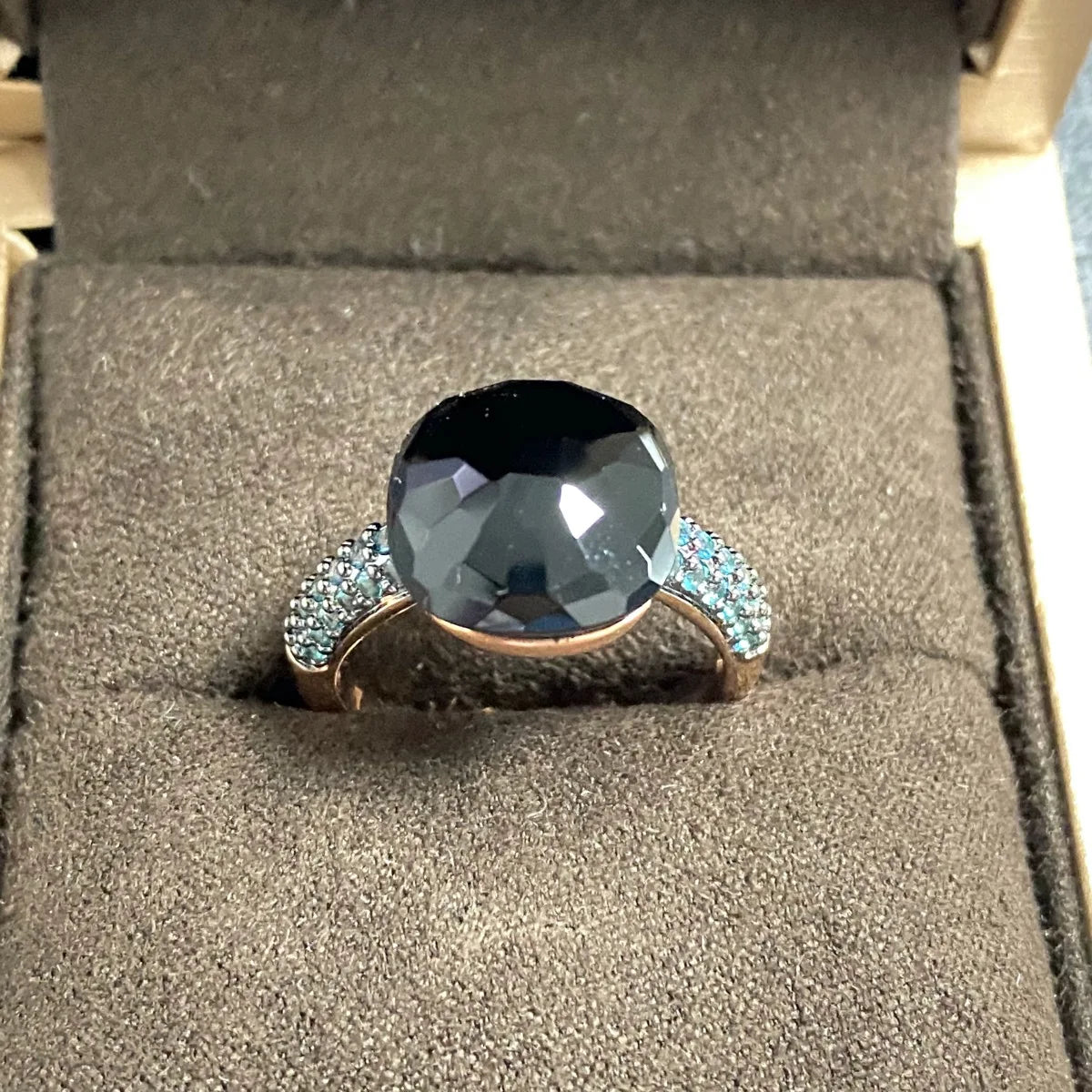 Blue Topaz Ring Inlay Black Zircon With Black Gun Plated 12.6mm Flat Crystal Ring For Women Party Fashion Jewelry Gift