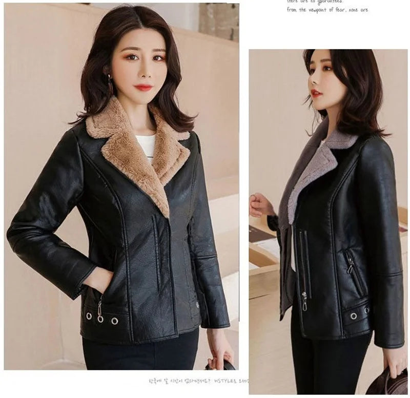 2022 New Winter PU Leather Jacket Women Short Blazers Coat Fleece Double-faced Fur Leather Outerwear Lady Slim Suit Tops Jackets