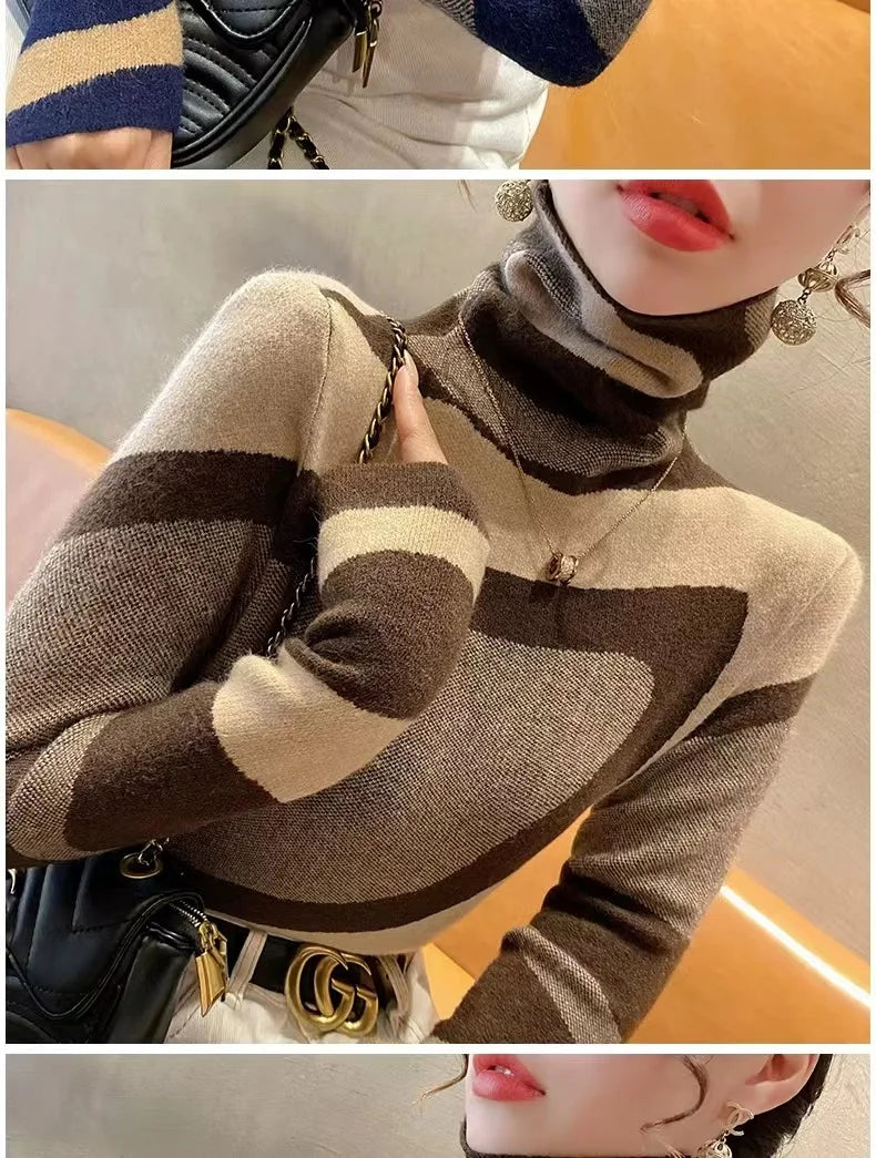 Women Clothing Fashion All-match Slim Knit Pullovers Autumn Winter Elegant Chic Geometric Patchwork Sweaters Office Lady Y2k Top