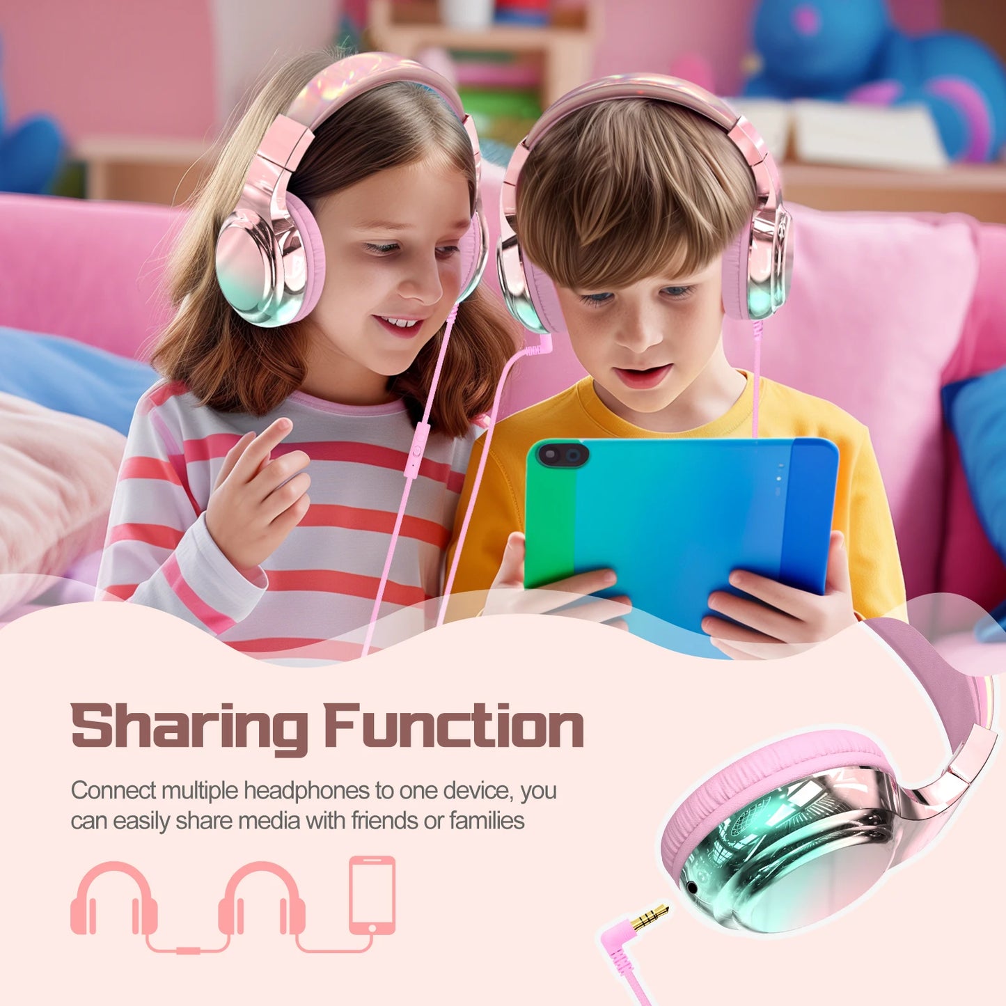 Stylish Soundproof Kids Wired Headphones For Toddler Preschool, 3.5mm Jack, 85/94dB Volume limited Headset For Travel Homeschool