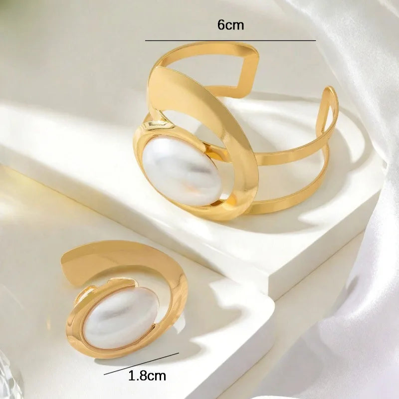 Exaggerated Pearl Spiral Bracelet Ring Set For Women Girls Personality Geometric Fashion Jewelry Holiday Party Gift OL S247
