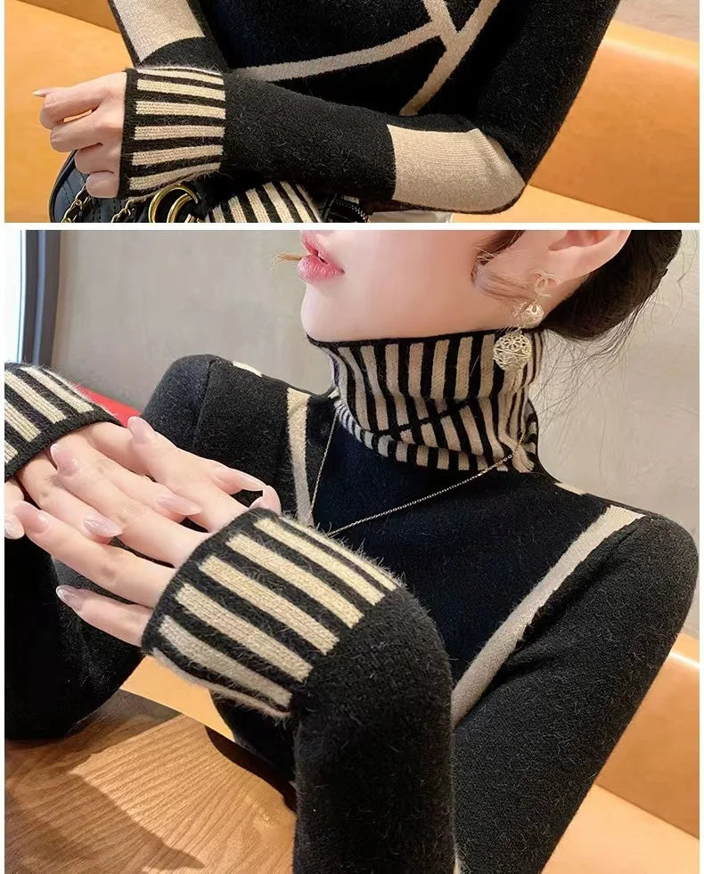 Women's Clothing Fashion All-match Turtleneck Long Sleeve Sweaters Autumn Winter Elegant Chic Slim Knit Pullovers Lady Y2k Tops