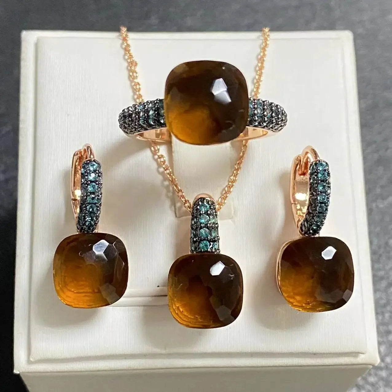 3Pcs Gun Black Plated Blue Zircon Jewelry Set for Women Includes Ring Earrings Necklace Elegant Crystal Blue Topaz Matching Gift