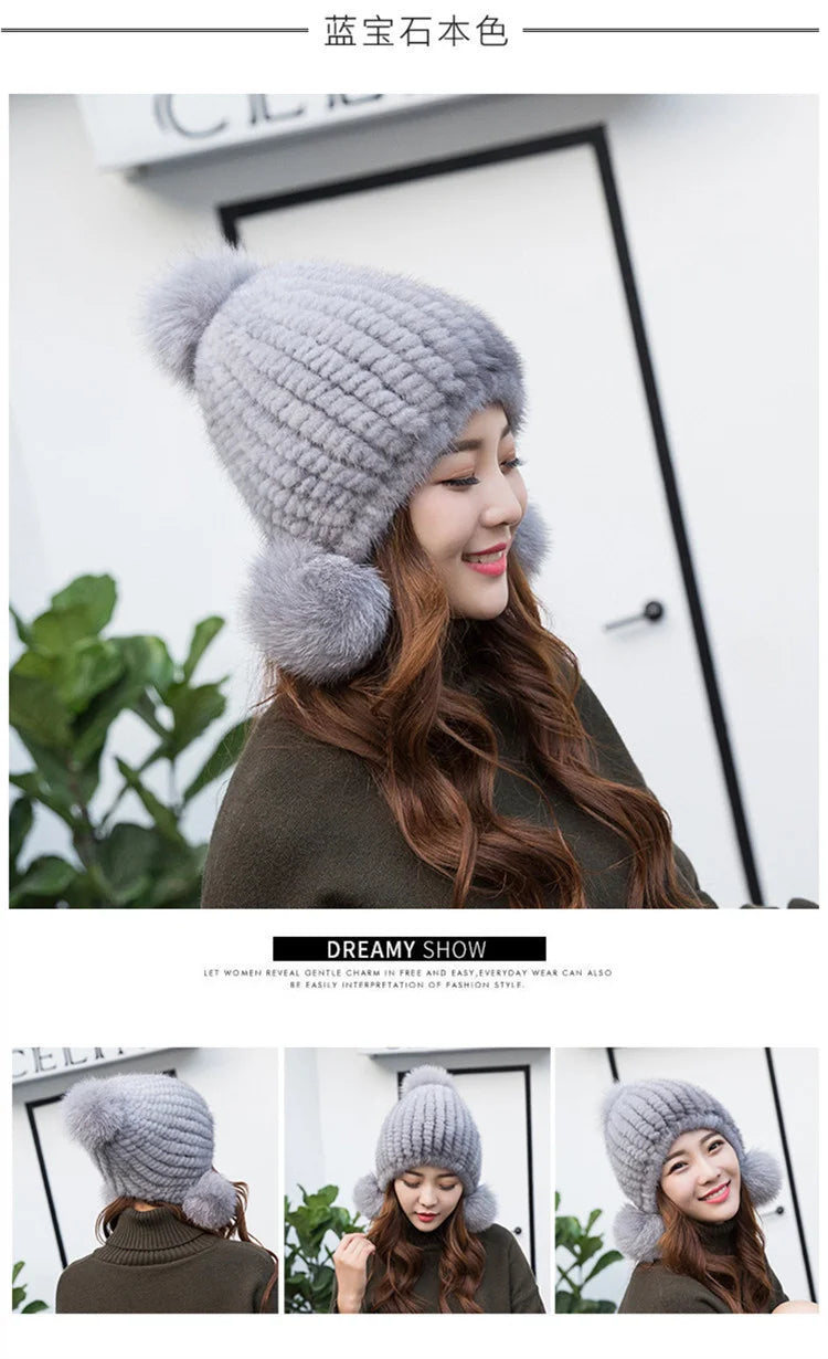 Mink Fur Hat Women Winter Thickened Ear Protection Hat Natural Fur Knitted Caps With Pom Pom Fox Ball Fashion Beanies Fur Hats