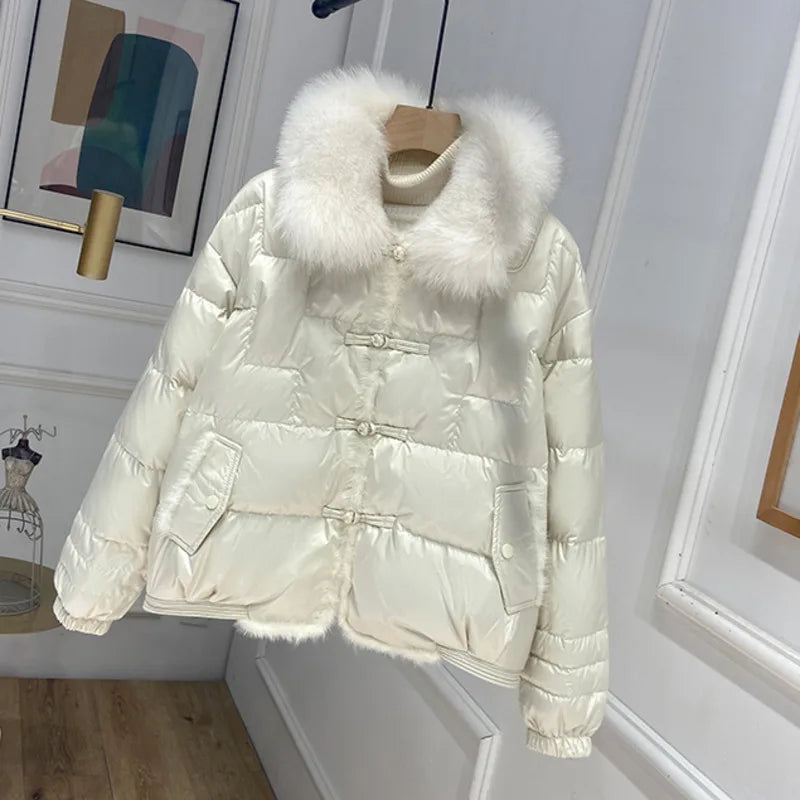 2023 Real Fox Fur Collar Winter Women 90%White Duck Down Jacket Ladies Short Warm Puffer Coat Female Loose Vintage Parka