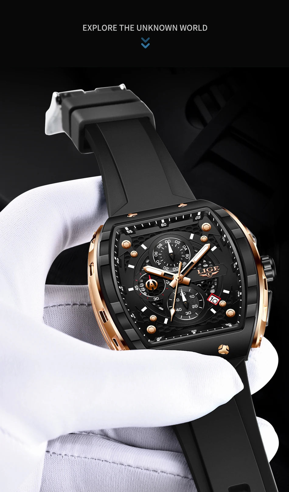 LIGE Waterproof Watches For Men Original Brand Luxury Silicone Square Men's Quartz Wristwatch Fashion Military Chronograph Male