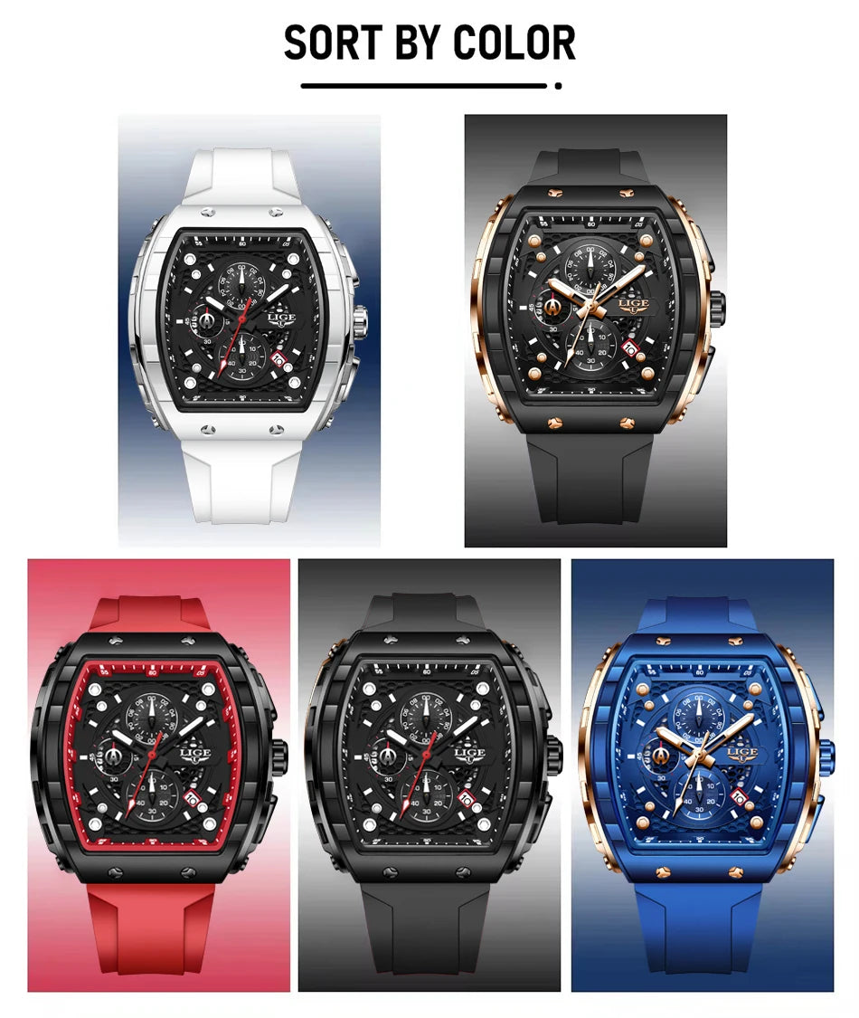 LIGE Waterproof Watches For Men Original Brand Luxury Silicone Square Men's Quartz Wristwatch Fashion Military Chronograph Male