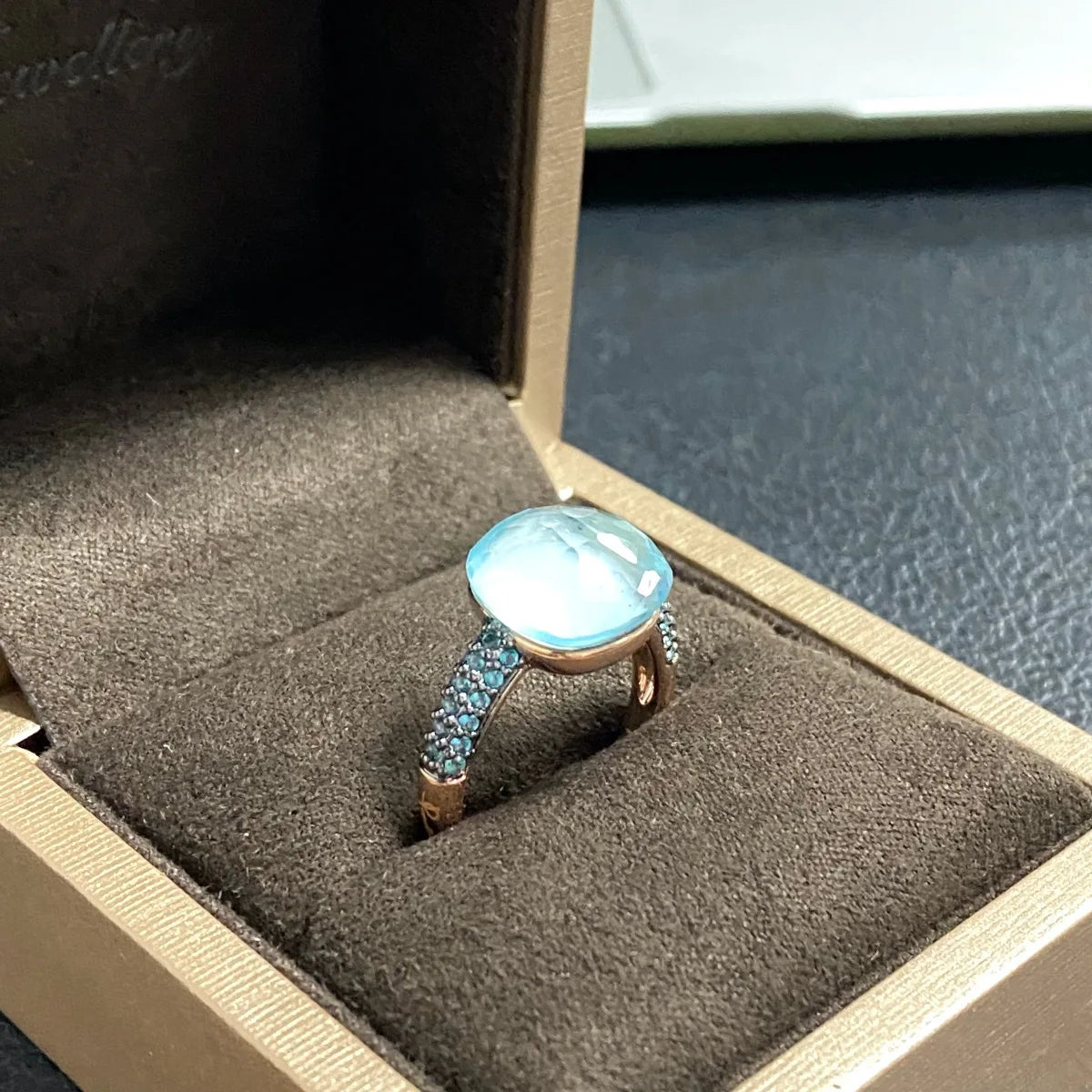 Blue Topaz Ring Inlay Black Zircon With Black Gun Plated 12.6mm Flat Crystal Ring For Women Party Fashion Jewelry Gift