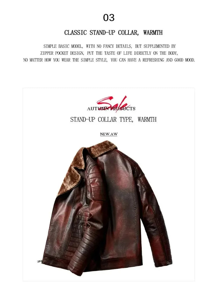 Fashion Warm Winter Mens PU Leather Jacket With Fur Collar Thicken Fleece Motorcycle Coat Casual Faux Leather Locomotive Jacket