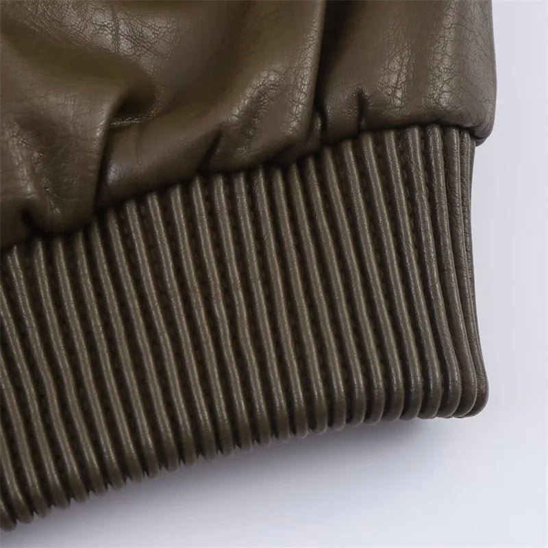 Women's Jacket New Fall 2025 Dark Green Long Sleeve Faux Leather Short Jacket Jacket Biker Style Casual Fashion Personality