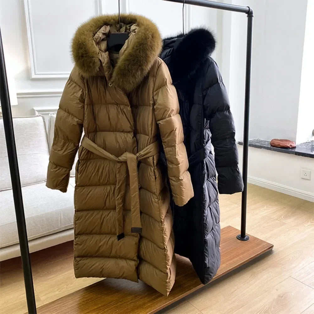 Real Fur Jacket 2024 Winter Women White Duck Down Jackets Ultra Light Warm Long Parkas Fox Fur Collar Female Hooded Snow Coats