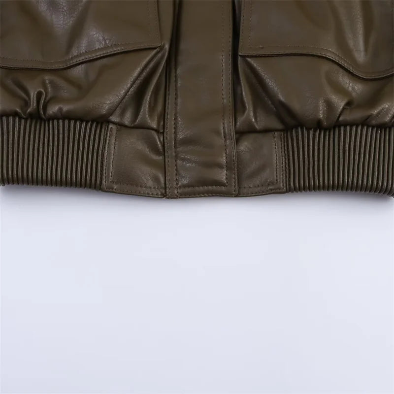 Women's Jacket New Fall 2025 Dark Green Long Sleeve Faux Leather Short Jacket Jacket Biker Style Casual Fashion Personality