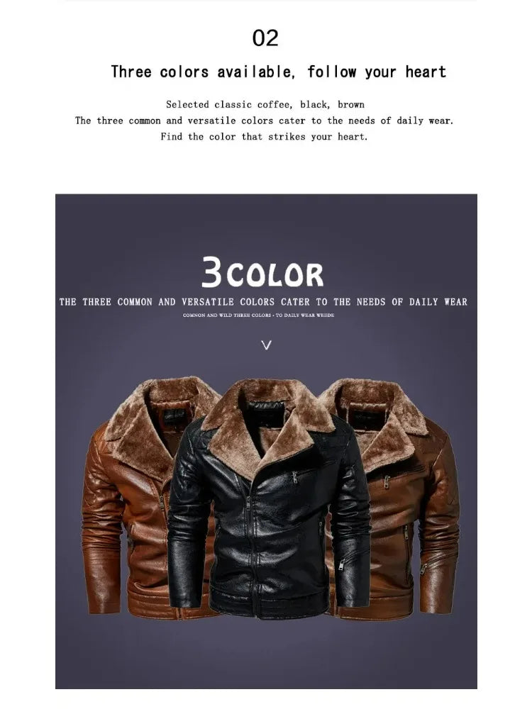 Fashion Warm Winter Mens PU Leather Jacket With Fur Collar Thicken Fleece Motorcycle Coat Casual Faux Leather Locomotive Jacket