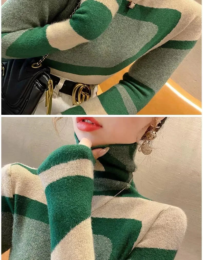 Women Clothing Fashion All-match Slim Knit Pullovers Autumn Winter Elegant Chic Geometric Patchwork Sweaters Office Lady Y2k Top