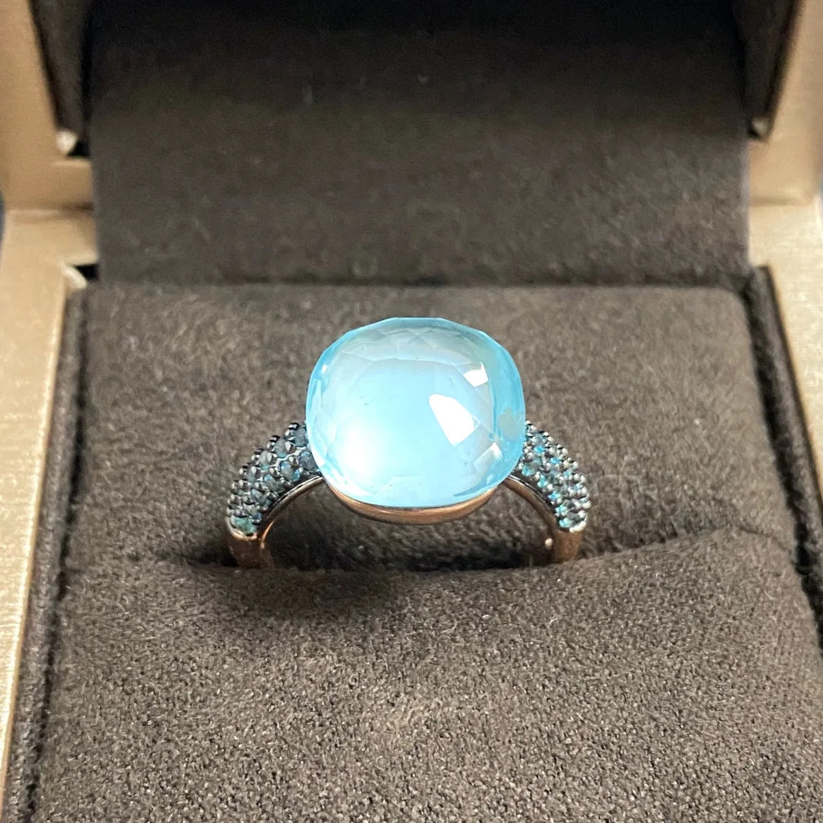 Blue Topaz Ring Inlay Black Zircon With Black Gun Plated 12.6mm Flat Crystal Ring For Women Party Fashion Jewelry Gift