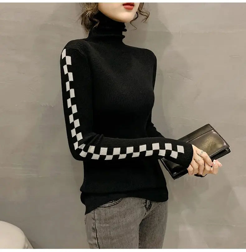 Pile Collar Plaid Bottoming Shirt Female New Autumn Winter Temperament All-match Sweater Interior Lapping Slim Turtleneck Tops