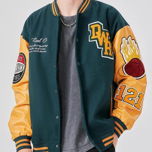 Mens Casual Jacket Bomber Embroidered Varsity Jacket Windbreaker BomberStyle Flaming Basketball Color Block Outwear