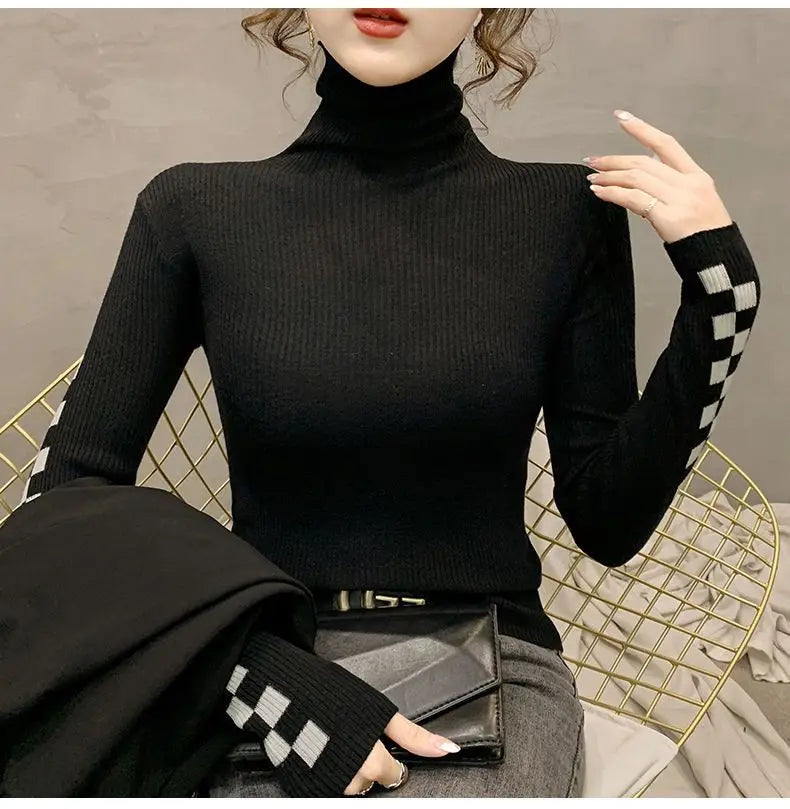 Pile Collar Plaid Bottoming Shirt Female New Autumn Winter Temperament All-match Sweater Interior Lapping Slim Turtleneck Tops