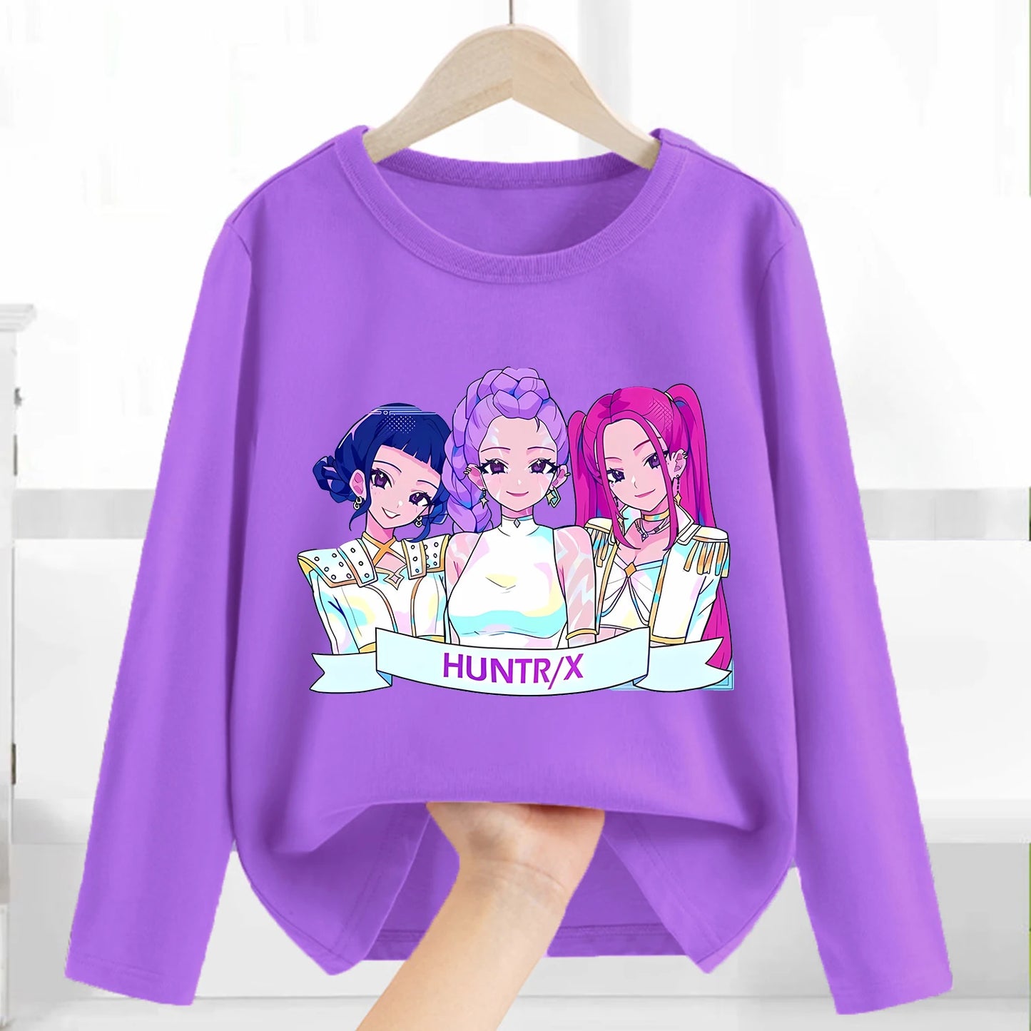 Kpop Demon Hunters Long Sleeve for Children Cartoon A-Z Letter Clothing Kids Purple Caftan Clothes Girl Round Collar Blouse Gift