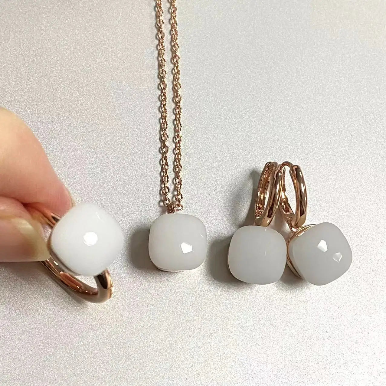 3Pcs/Set Women Ring Earrings Necklace Jewelry Set 34Colors Pink Crystal Jewelry Set Rose Gold Plated Jewelry