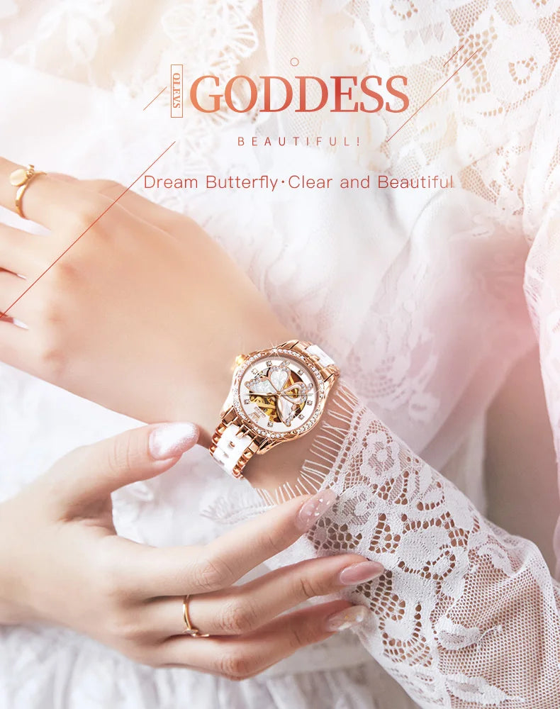 OLEVS 6622 Women's Watch Butterfly Dial Luxury Waterproof Mechanical Watch For Women Hollow Ceramic Strap Automatic Wristwatch