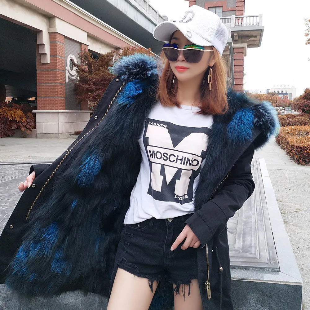 2024 MAOMAOKONG New Real Fur coat Raccoon Collar Detachable Fox fur lining jackets Women's winter Coats parkas Female clothing
