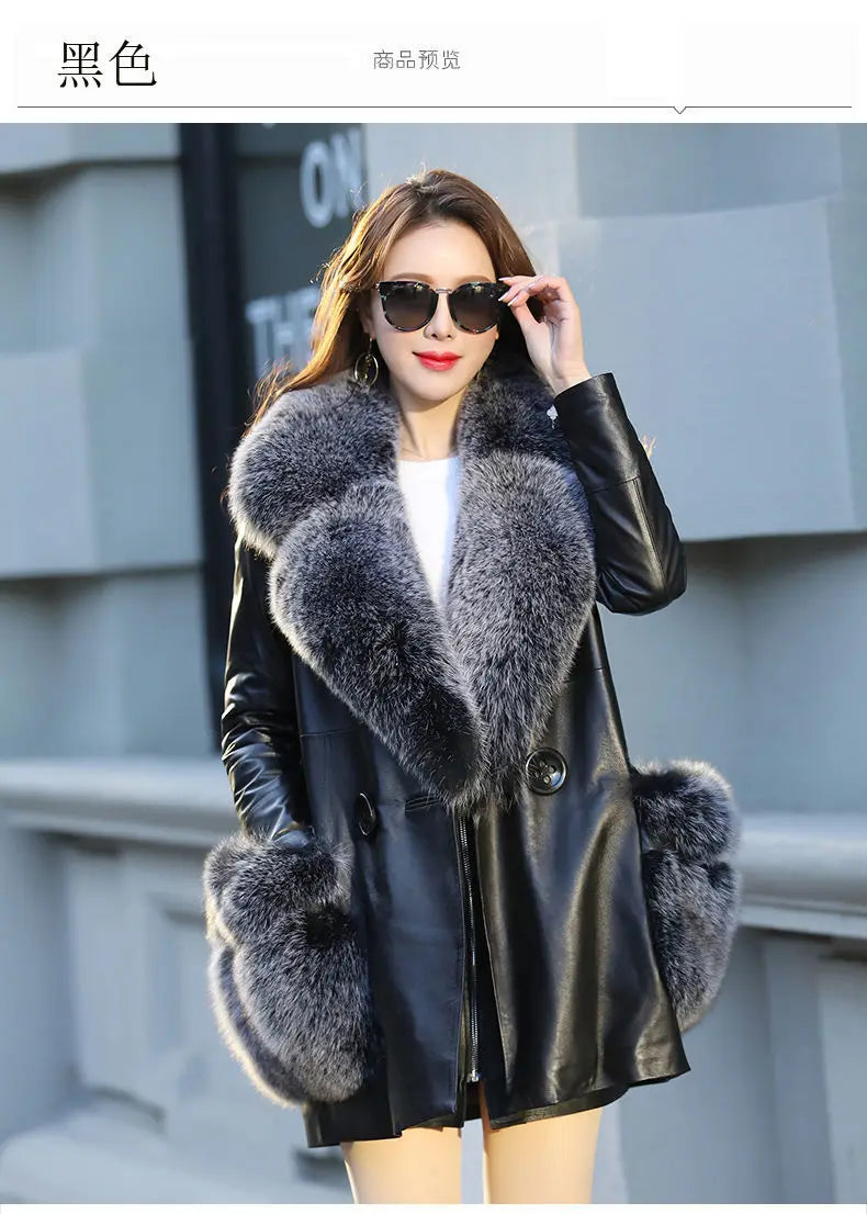 2025 Plus Cotton Velvet Big Fox Fur Collar Leather Coat PU Leather Jacket Coat Women's Fur Mid-length Coat Jacket
