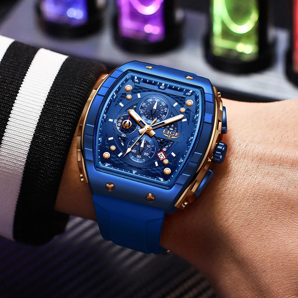 LIGE Waterproof Watches For Men Original Brand Luxury Silicone Square Men's Quartz Wristwatch Fashion Military Chronograph Male