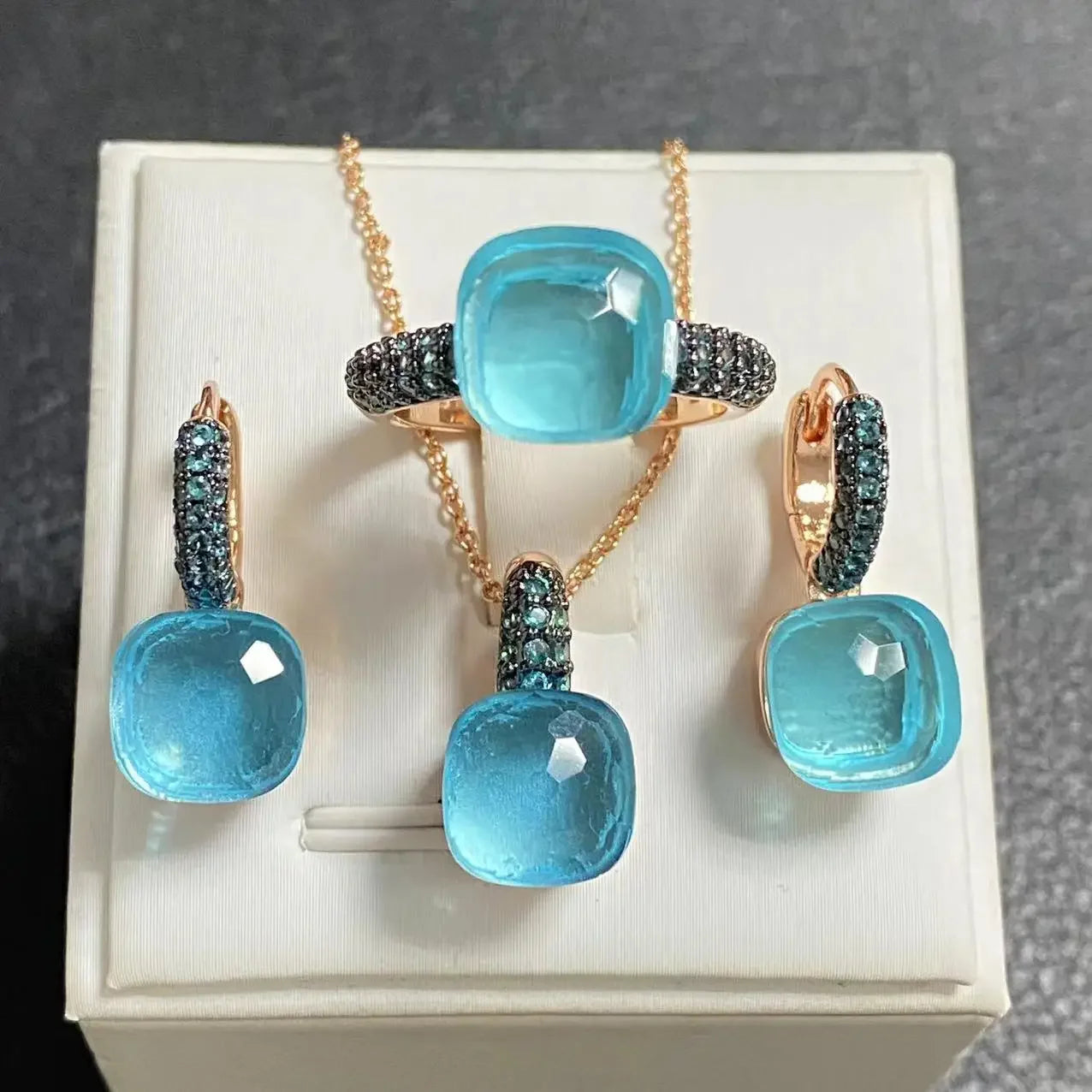 3Pcs Gun Black Plated Blue Zircon Jewelry Set for Women Includes Ring Earrings Necklace Elegant Crystal Blue Topaz Matching Gift