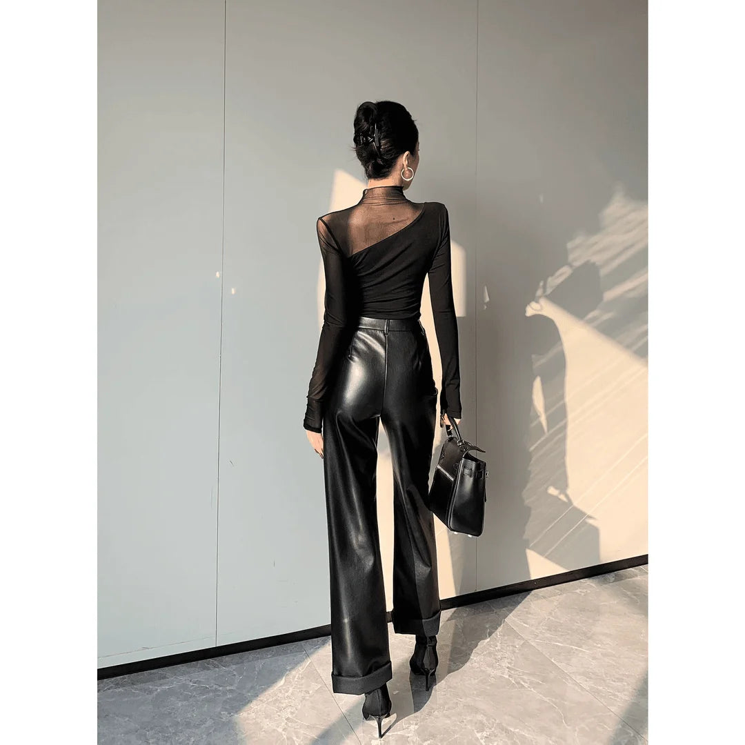 Women Korean Fashion Sexy See Through Mesh Patchwork Basic T-shirt Office Lady Black Elegant Long Sleeve Slim Tops Ropa De Mujer