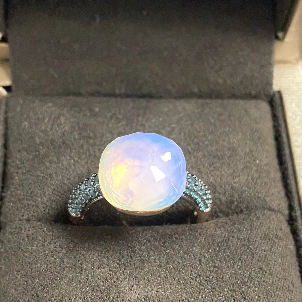 Blue Topaz Ring Inlay Black Zircon With Black Gun Plated 12.6mm Flat Crystal Ring For Women Party Fashion Jewelry Gift