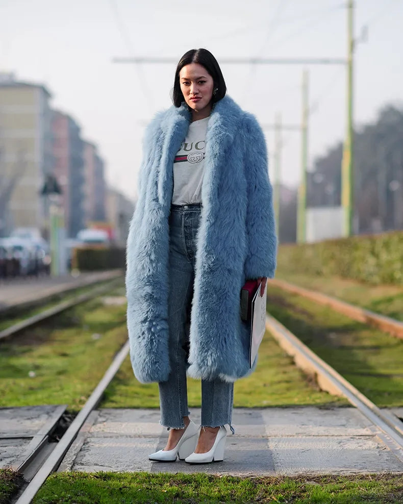 Women  Thick Faux Fur Jacket Colorblock Autumn Winter Maxi Coat Long Warm Luxury Fur  Outerwear