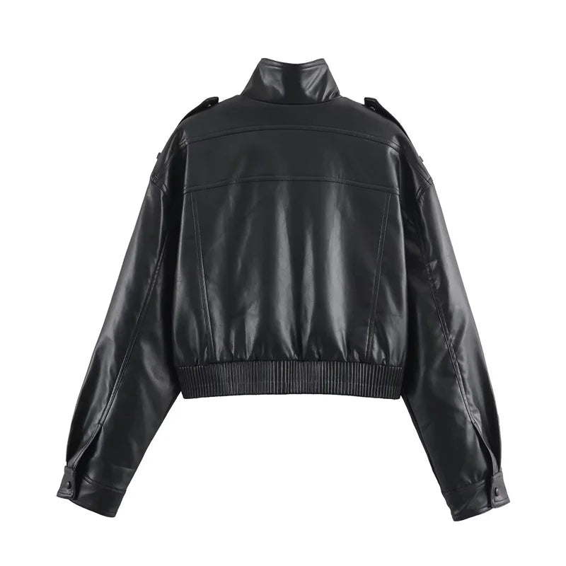 Women's Jacket New Fall 2025 Dark Green Long Sleeve Faux Leather Short Jacket Jacket Biker Style Casual Fashion Personality