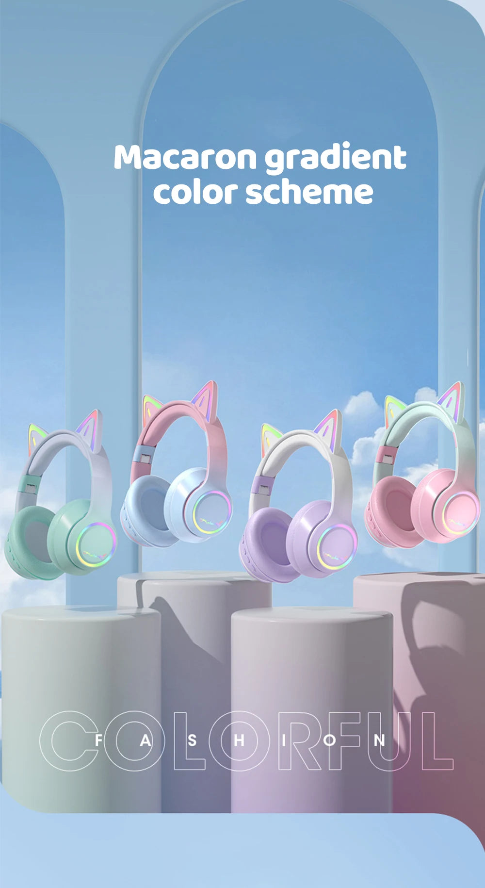 Gradient Wireless Headphones RGB Cat Ear Bluetooth Headphones With Microphone Stereo Music Game Earphone For Girls Kids Gifts