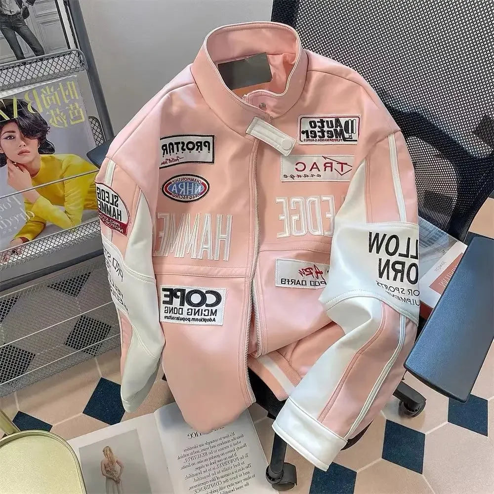 Motorcycle pu leather jacket coat baseball jacket pink american style women autumn and winter fried street high level clothes