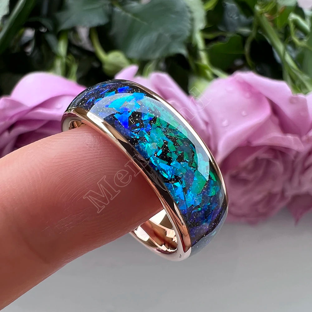 MenBand Fashion New Arrivals 8MM Tungsten Wedding Band Ring Middle Groove Inlaid With Blue Opal Domed Polished Comfort Fit