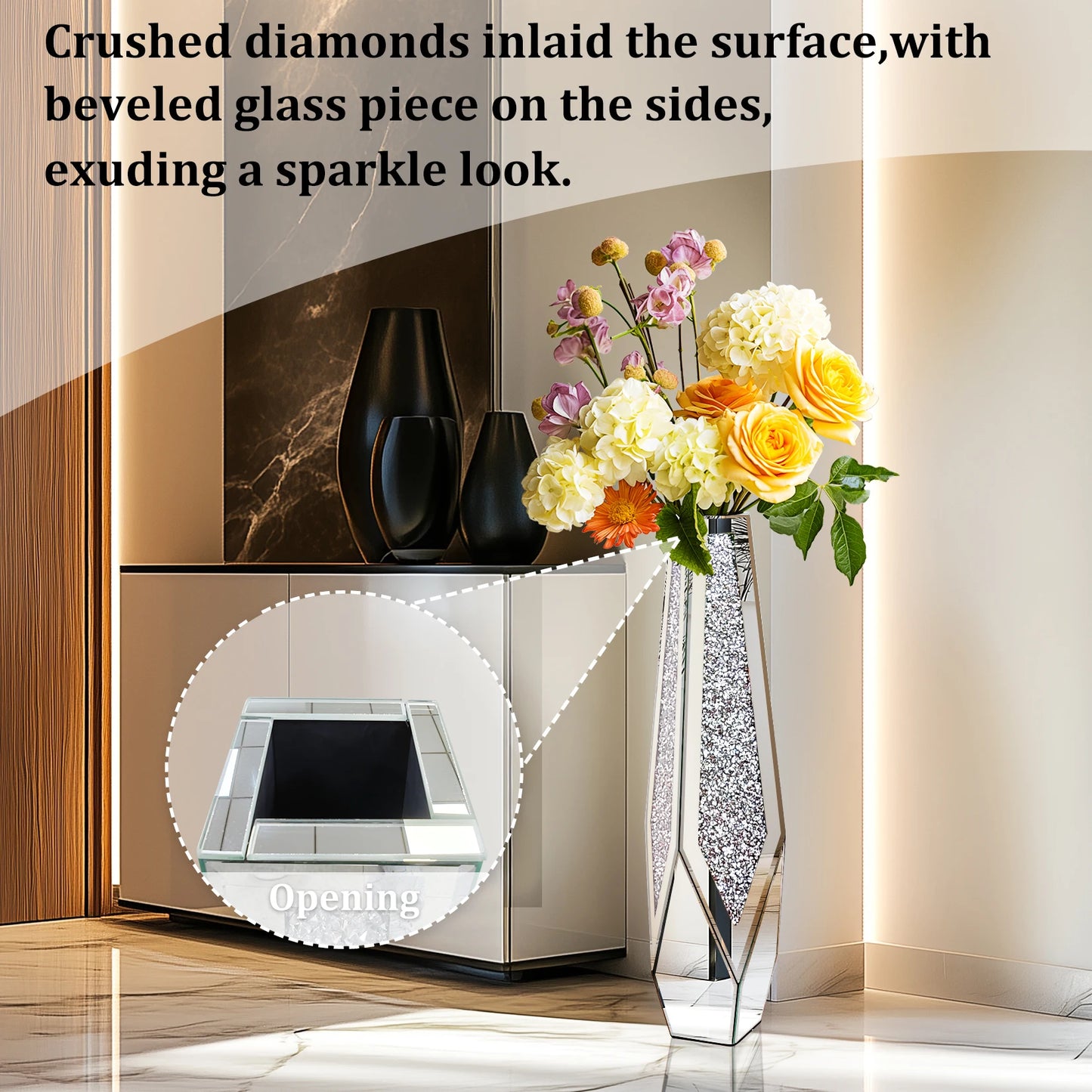 Tall Floor Mirror Vase, Large Crushed Diamond Glass Vase for Home Decor Modern Crystal Centerpiece for Living Room Wedding Hotel