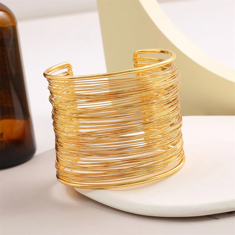 Vintage Hyperbolic Layered Gold Plated Wide Wire Bracelet Cuff Bangle for Women Exaggerated Wrist Wrap Bangle Hand Jewelry Gift