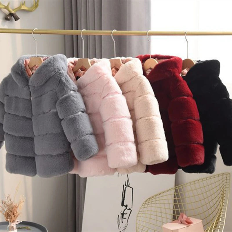Kids Clothes Girls Fur Coats Winter Solid Faux Rabbit Fur Hooded Jacket for Babies Fashion Boy Thicken Warm Children's Clothing