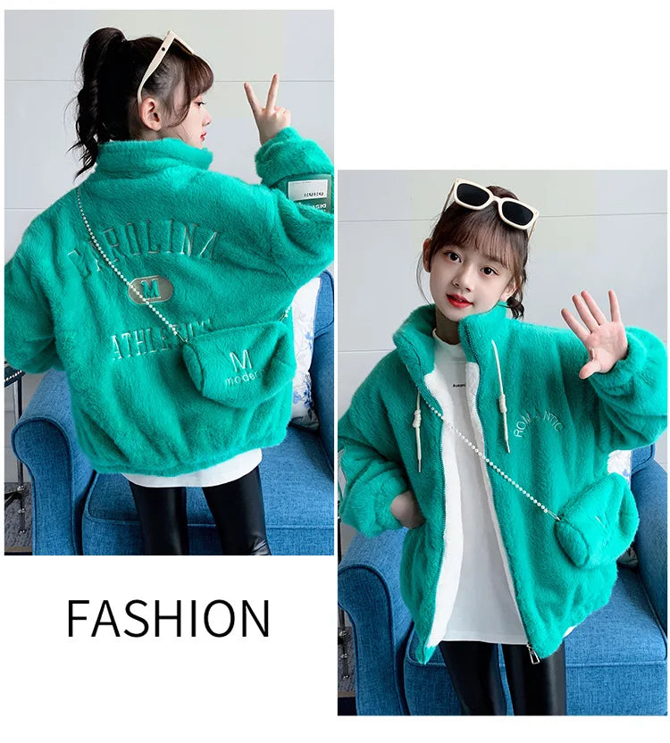 Fake Fur Girls Jacket Winter New Solid Color Letter Print Padded Lining Thick Warm Plush Coats For 5-12Y Kids Fashion Overcoat