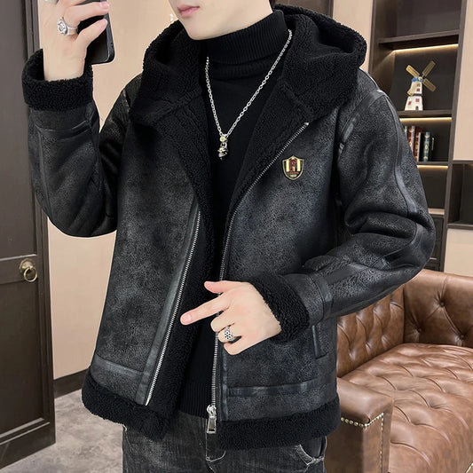 Autumn and winter fur one-piece thickened and fleece jacket for men and teenagers, gold embossed suede thickened warm jacket
