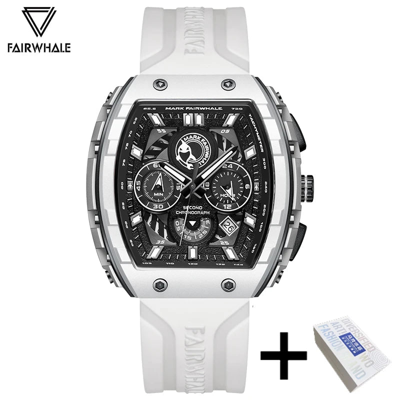 Fashion White Watches For Men Sport Silicone Strap Dive Luminous Quartz Watch Tonneau Shape Resin Case Multifunctional Clock New