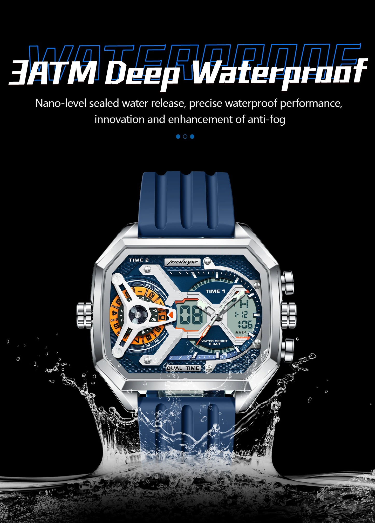 POEDAGAR Top Luxury Men Clock LED Calendar Week Luminous Man Wristwatch Electronic Rectangle Silicone Strap Quartz Men's Watches