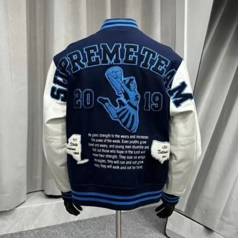 Embroidery Baseball Jacket for Men Streetwear Varisity Jacket Splicing PU Leather Sleeves Women Bomber Jacket Unisex Men Clothes